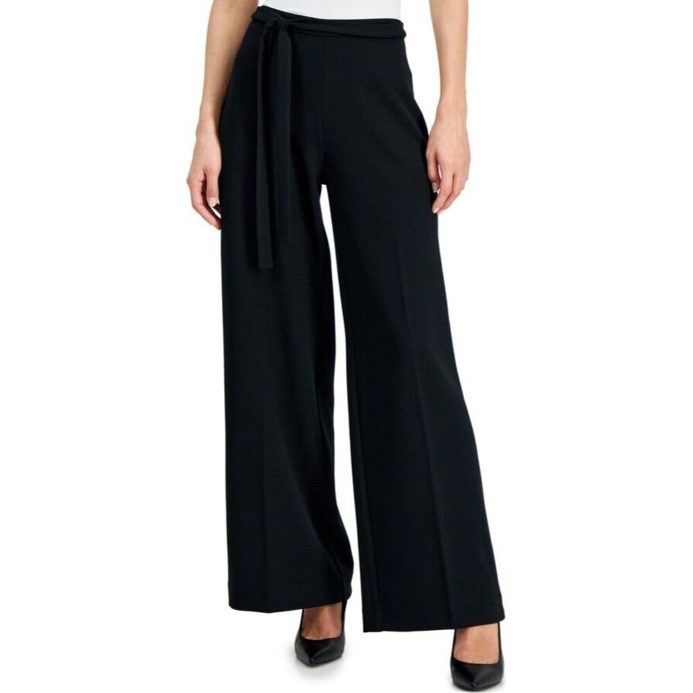 T Tahari Women's Belted High-Rise Wide-Leg Elegant Pants Black Size 14